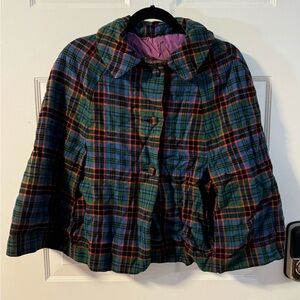 Vintage Wool Tartan Plaid Cape Button Closure Purple Lining Swing Shape S-XL